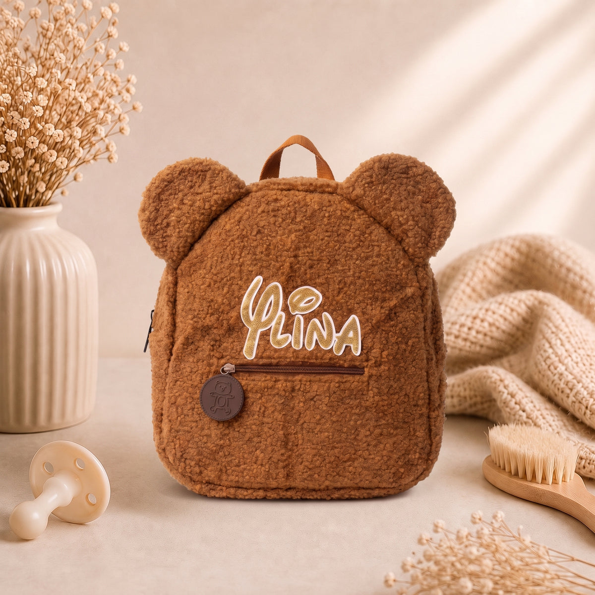 Sac à dos peluche personnalisé — Prénom flocage, oreilles d’ourson 3D