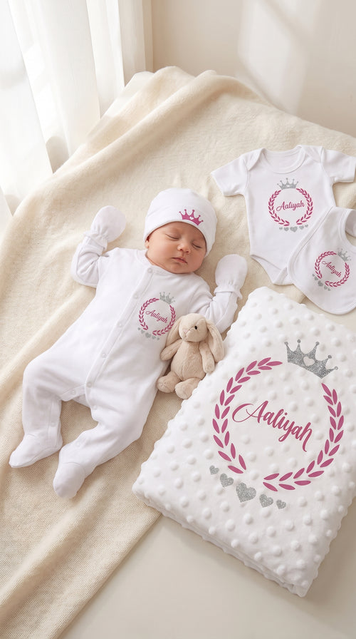 Personalisiertes Baby-Erstlingsset mit Namen – 100 % Baumwolle