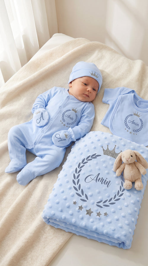 Personalisiertes Baby-Erstlingsset mit Namen – 100 % Baumwolle