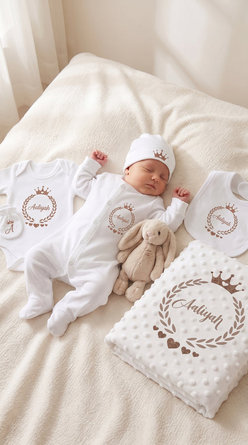 Personalisiertes Baby-Erstlingsset mit Namen – 100 % Baumwolle