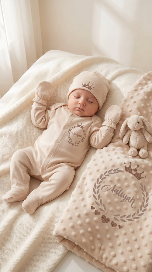 Personalisiertes Baby-Erstlingsset mit Namen – 100 % Baumwolle