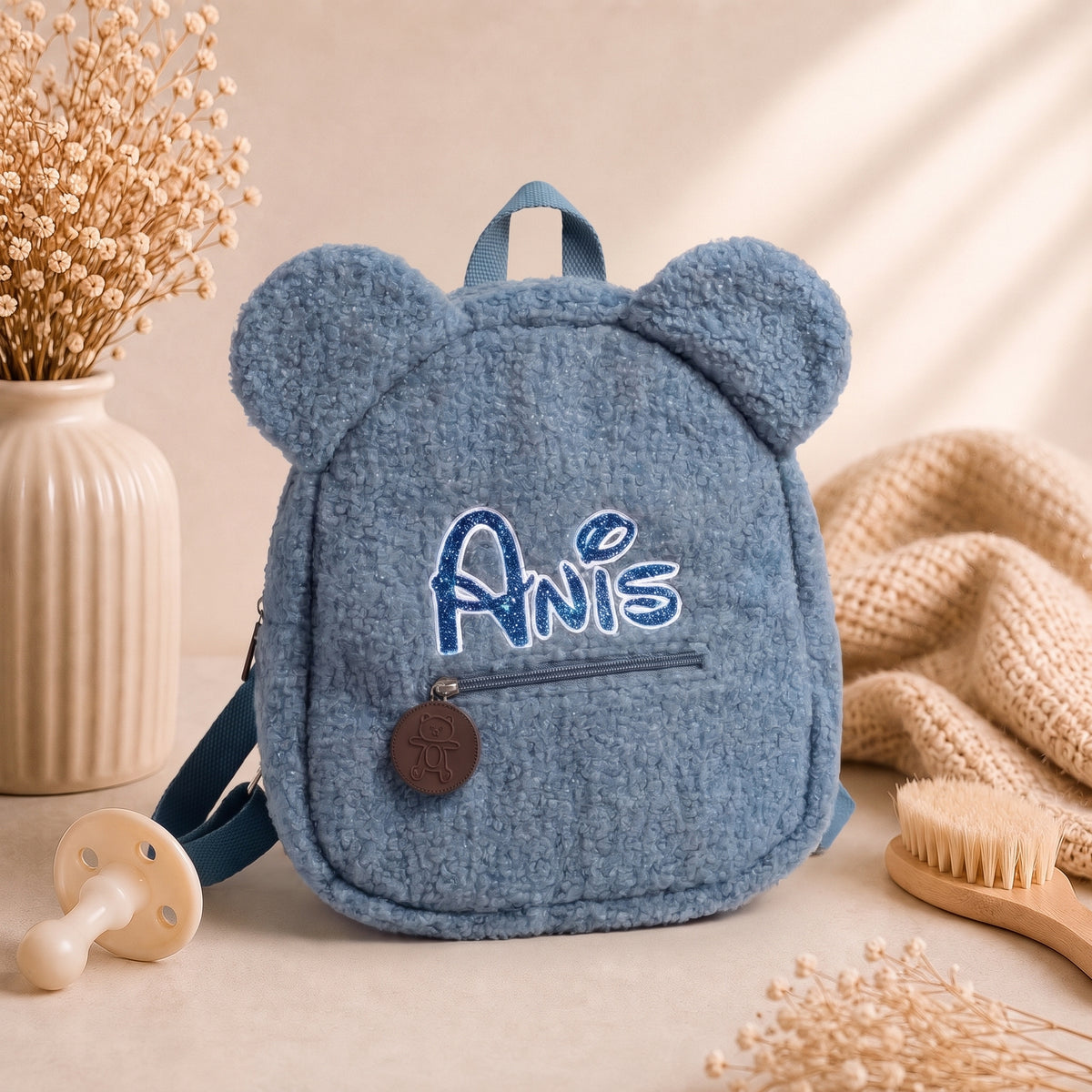 Sac à dos peluche personnalisé — Prénom flocage, oreilles d’ourson 3D