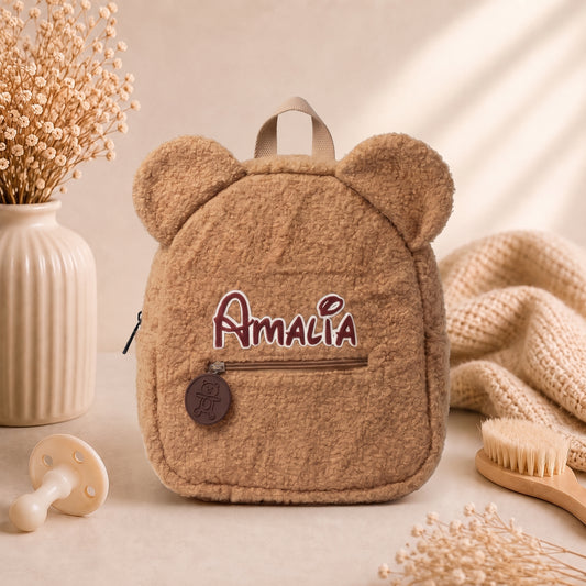 Sac à dos peluche personnalisé — Prénom flocage, oreilles d’ourson 3D