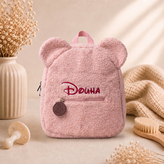 Sac à dos peluche personnalisé — Prénom flocage, oreilles d’ourson 3D